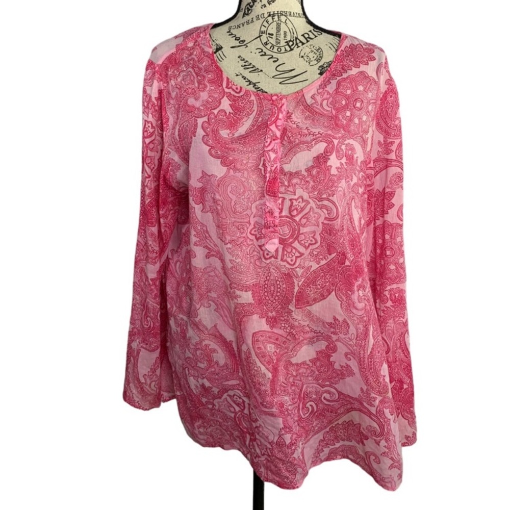 Jones New York Tunic Blouse Boho long Sleeve paisley pink cotton light Women’s L